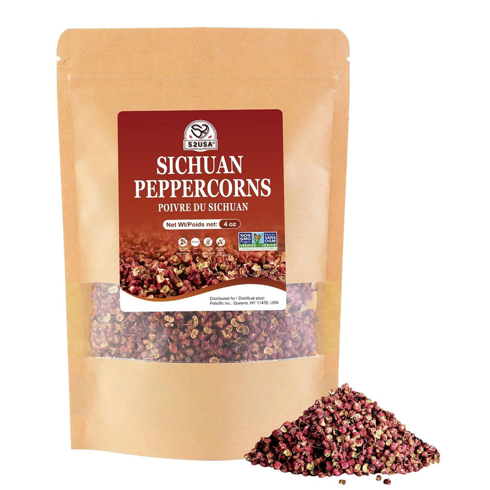 52USA Sichuan peppercorns in a jar showing bold aroma and numbing kick for Mapo tofu