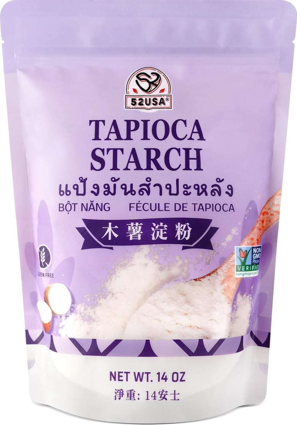 52USA Tapioca Flour packaging 14oz shows a resealable bag for freshness.
