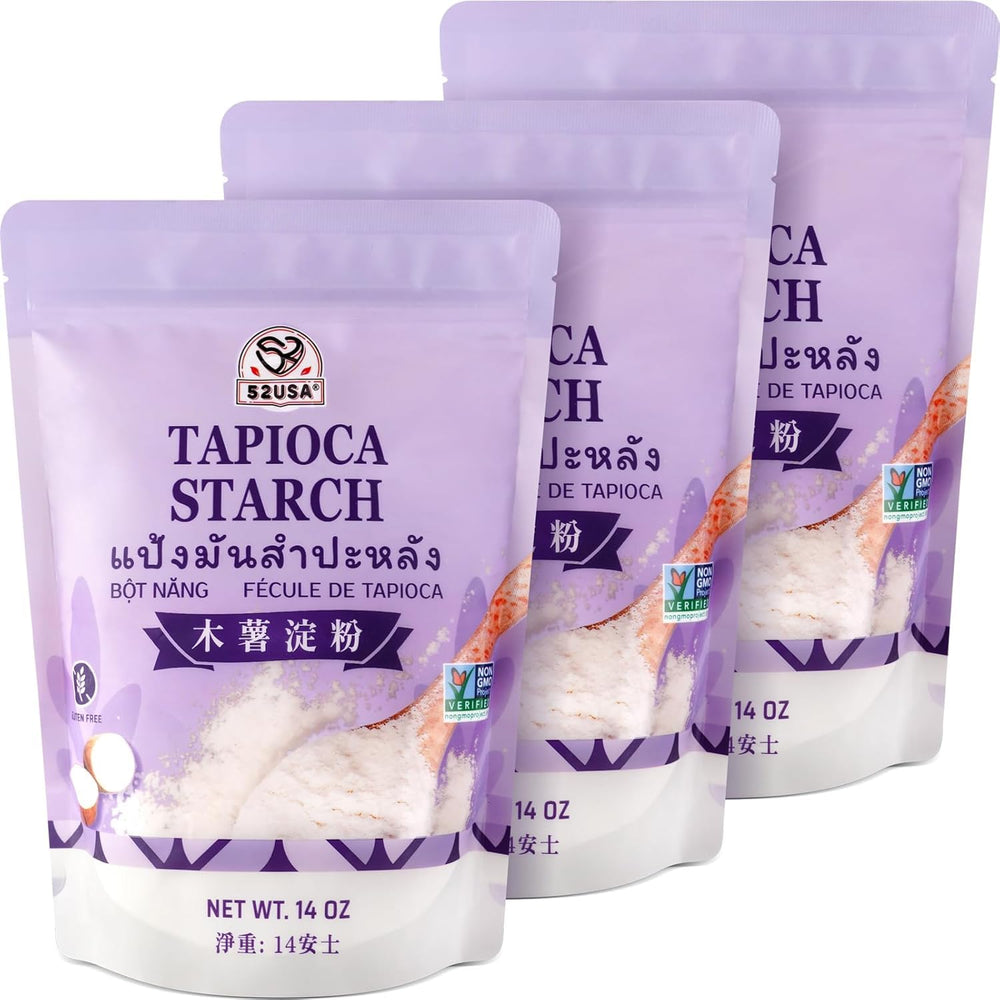 52USA tapioca starch 3-pack outer box, ideal for bulk pantry storage.