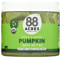 88 Acres Butter Pumpkin Seed Organic bottle on shelf, ready for toast.