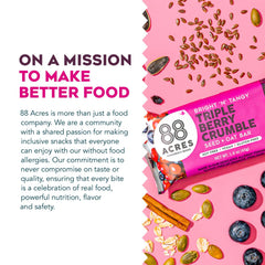 88 Acres Triple Berry Crumble Bar ingredients image featuring gluten-free oats and seeds.