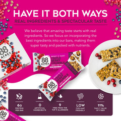 88 Acres bar showing seeds and oats, emphasizing plant-based energy and wholesome ingredients.