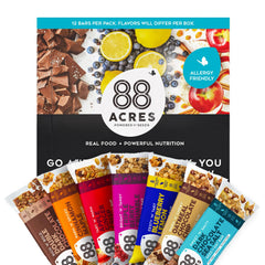 88 Acres variety pack 12 bars on shelf, convenient school-safe snack.