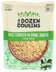 A Dozen Cousins Classic Chicken Bone Broth Rice 8oz pack shot highlighting clean ingredients.