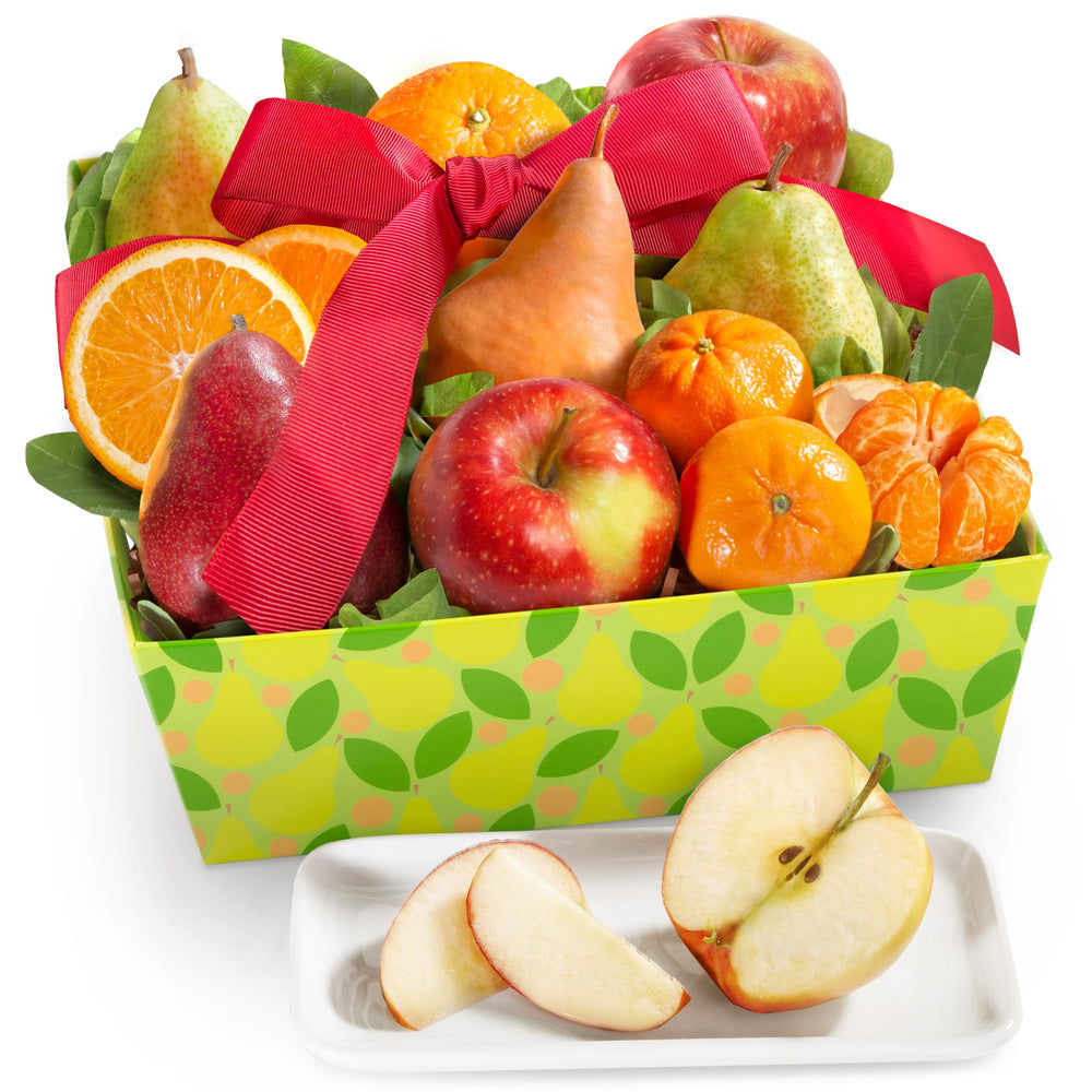 A Gift Inside All the Best Fruit Basket cover with ribbon, ideal for gifting