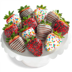 A Gift Inside Happy Birthday strawberries, front view, twelve festive dipped berries ready for gifting.