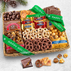 A Gift Inside seagrass basket close-up, handmade chocolates and crunchy treats shown