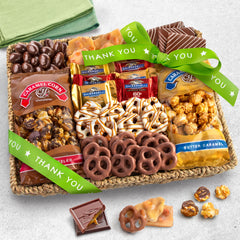 A Gift Inside thank you basket closeup contents, showcasing gourmet treats to share.