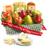 A Gift Inside pear close-up in Valentine fruit basket, fresh and juicy for gifting