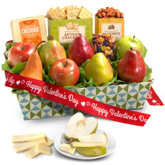 A Gift Inside pear close-up in Valentine fruit basket, fresh and juicy for gifting