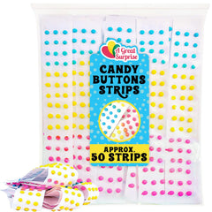 A Great Surprise Candy Buttons Strips pastel rainbow display for nostalgic party decor.