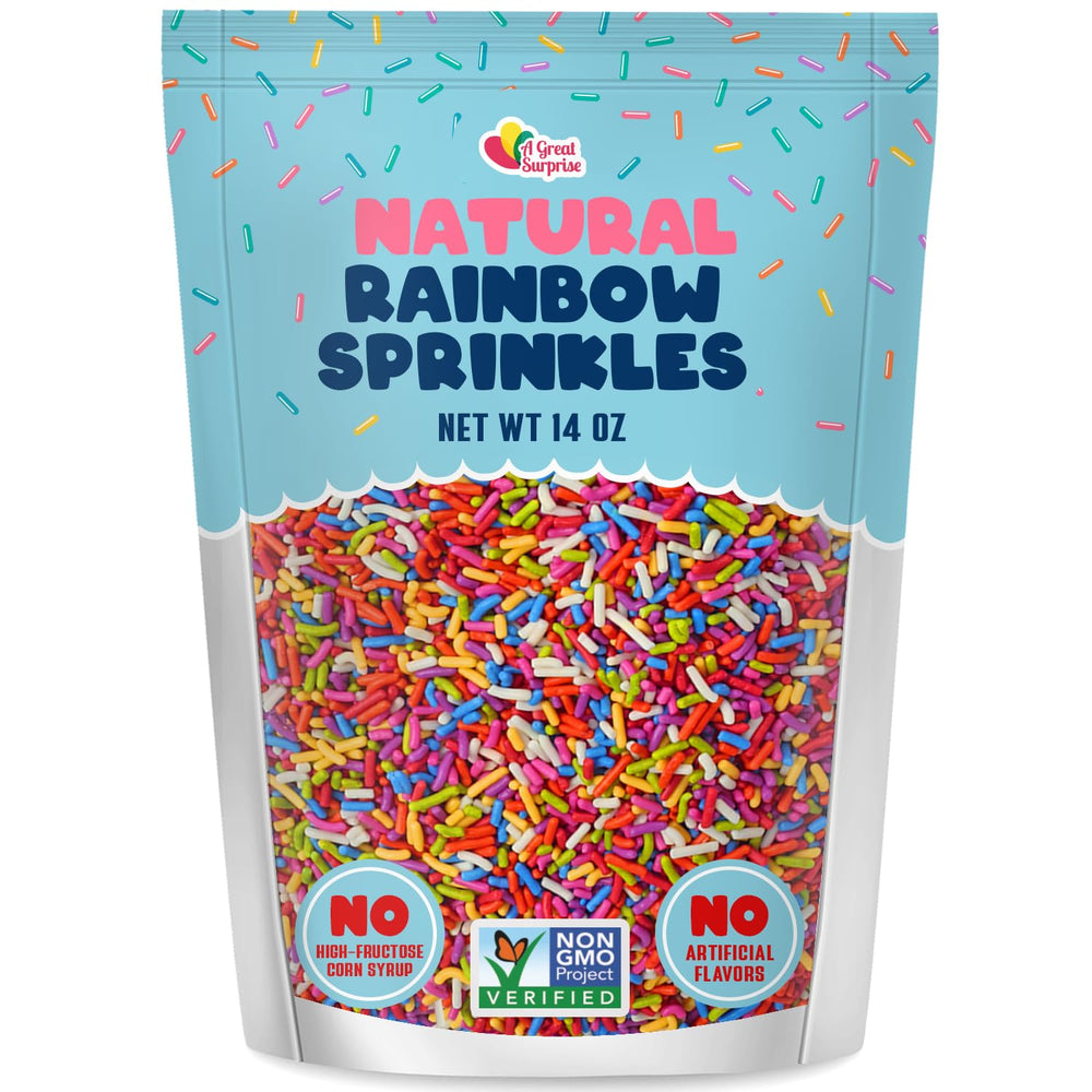 A Great Surprise dye-free rainbow sprinkles in a 14 oz bag for colorful desserts.