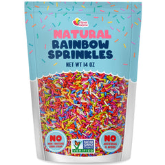 A Great Surprise dye-free rainbow sprinkles in a 14 oz bag for colorful desserts.