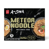 Branded A-SHA Meteor Noodle packaging with Danzai Sauce in a 12-pack box.