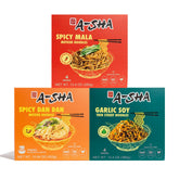 A-Sha Signature Noodles collection hero image showing three flavors for quick meals