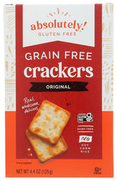 Absolutely Gluten Free Crackers Original pack front highlighting gluten-free snack option
