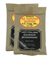 A.C. Legg hot Italian sausage seasoning two-pack with bags for large meat batches.