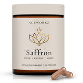 ACEWORKZ natural saffron bottle close-up highlighting appetite support potential.