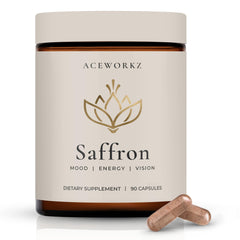 ACEWORKZ natural saffron bottle close-up highlighting appetite support potential.