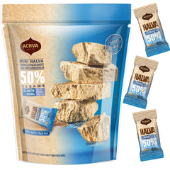 Achva Halva Mini Snacks vanilla pack front, sugarless vegan treat in a convenient 15-pack.