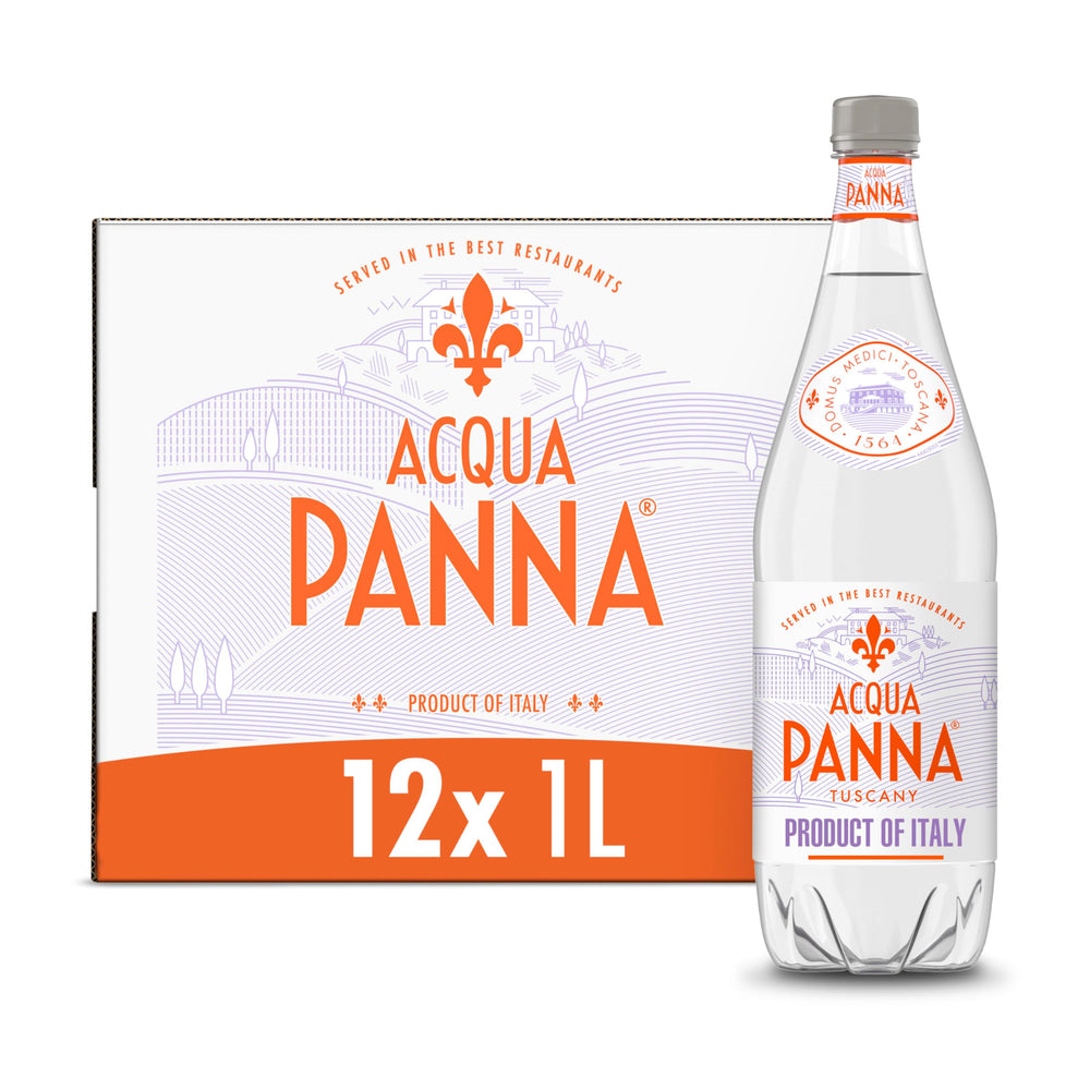 Acqua Panna 12-pack bottles, front view—ideal for elegant meals.