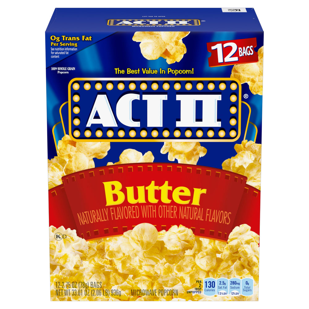 ACT II Butter Microwave Popcorn 12-pack ready for quick movie night snacking.