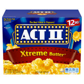 ACT II Xtreme Butter popcorn packaging shows twelve bags for quick family movie nights.