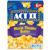 ACT II Movie Theater Butter popcorn box shows six-pack packaging for home movie nights