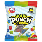 Adams & Brooks Sour Punch Lollipops front packaging shows bold flavors.