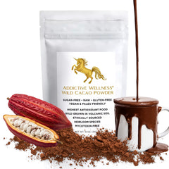 Addictive Wellness Raw Cacao Powder jar closeup showing rich aroma for baking and smoothies.