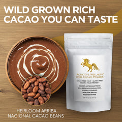 Addictive Wellness Raw Cacao Powder spoon view highlighting fine texture for shakes and desserts.