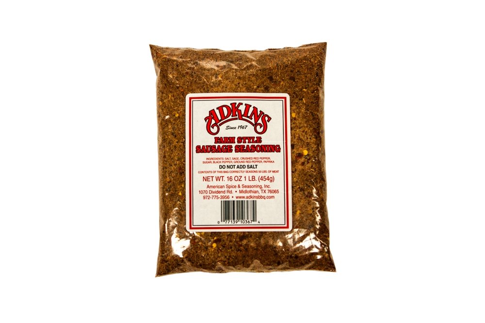 Adkins Farm Style Sausage Seasoning bag ready to flavor up to 50 pounds of meat.