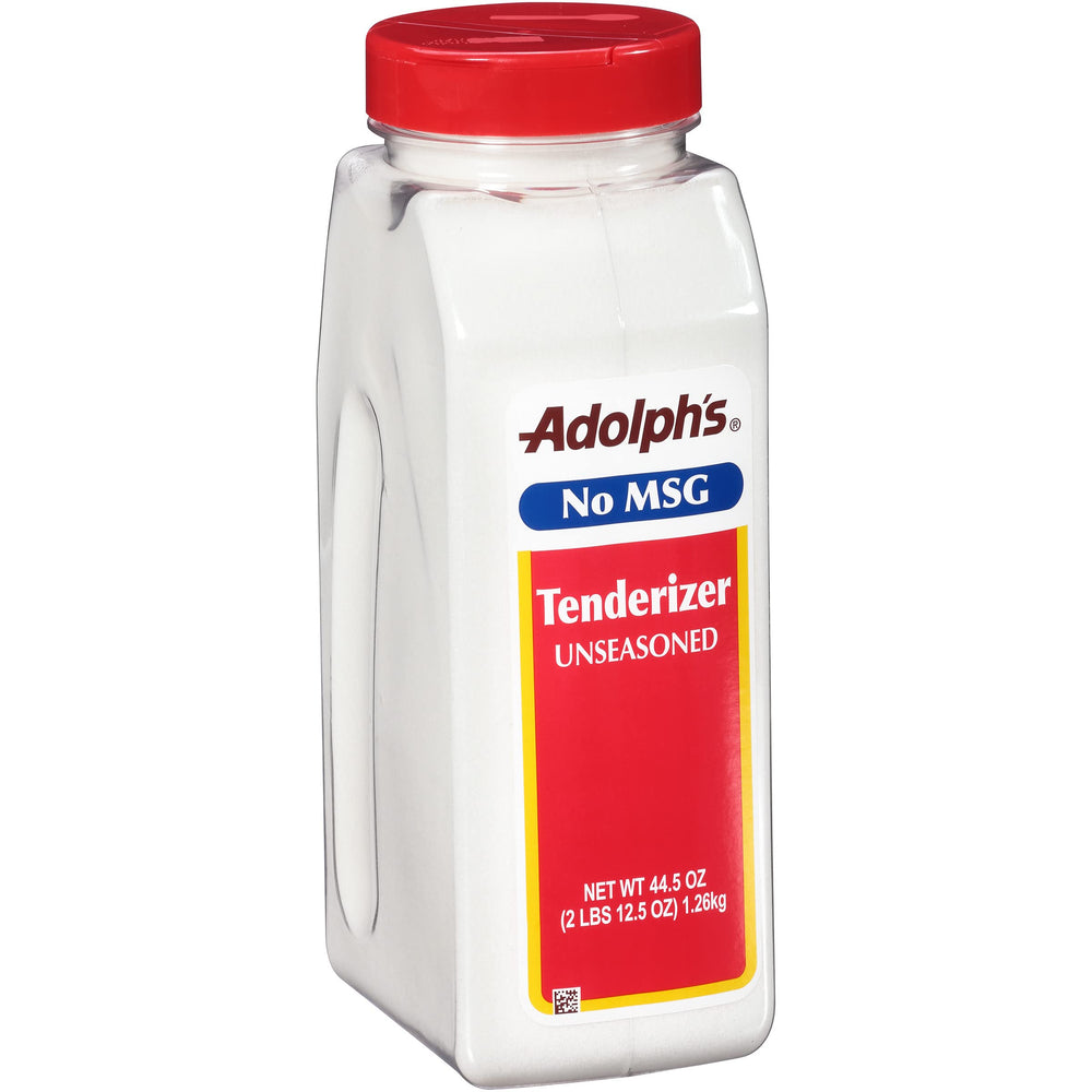 Adolph's Unseasoned Tenderizer bottle on counter with pineapple bromelain note for tenderizing beef and pork