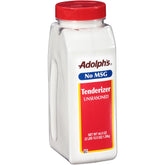Adolph's Unseasoned Tenderizer bottle on counter with pineapple bromelain note for tenderizing beef and pork
