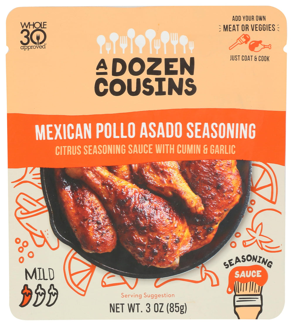 A Dozen Cousins Mexican Pollo Asado seasoning bottle poured for rich grilling flavor