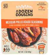 A Dozen Cousins Mexican Pollo Asado seasoning bottle poured for rich grilling flavor
