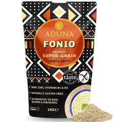 Aduna Fonio supergrain in a bowl, light and fluffy, a versatile porridge base.