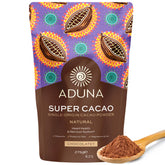 Aduna Super-Cacao powder packaging highlighting Ghana origin and natural, unsweetened cacao.