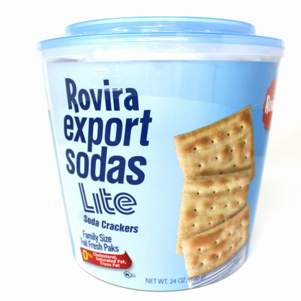Affinity Foods Rovira Lite Soda Crackers in 23oz bucket closeup, showcasing airy crunch for snacking.