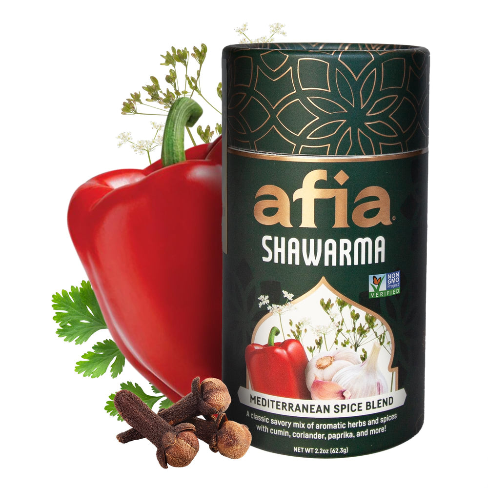 Afia Shawarma Seasoning bottle showcases bold Middle Eastern flavors for authentic marinades.