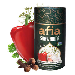 Afia Shawarma Seasoning bottle showcases bold Middle Eastern flavors for authentic marinades.
