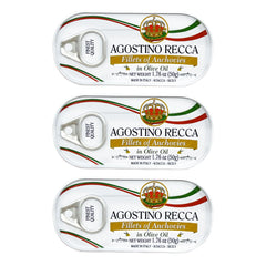 Agostino Recca anchovies in olive oil tin showcasing premium Italian seafood for Mediterranean meals.