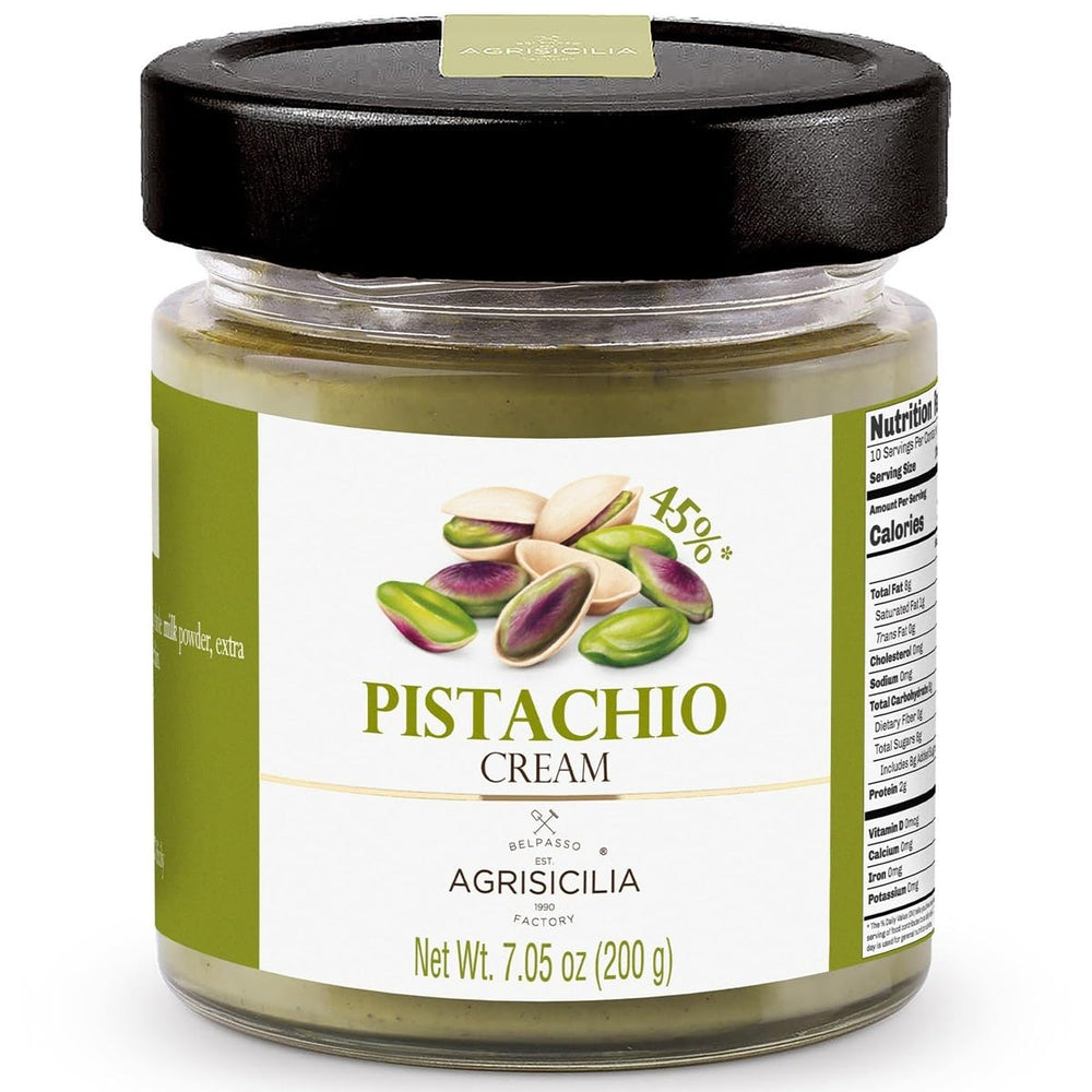 Agrisicilia Pistachio Cream Jar shows premium Sicilian pistachios, ideal for pastries.