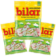 Ahlgrens Bilar Sour car-shaped marshmallows with tangy sugar for a playful snack.
