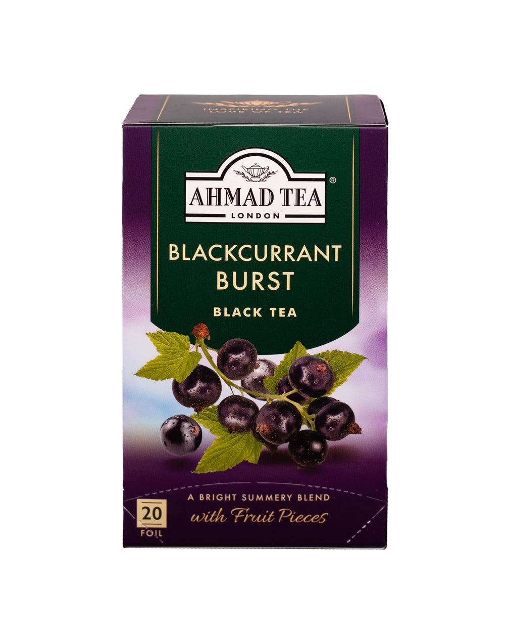 Ahmad Tea Blackcurrant Burst tea bag close-up with bold berry aroma for a refreshing cup.