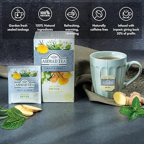 Ahmad Tea Detox tea bag with ginger for warming flavor and comforting afternoon sip.