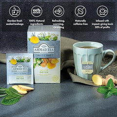 Ahmad Tea Detox tea bag with ginger for warming flavor and comforting afternoon sip.