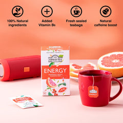 Close-up of the Energy tea label emphasizing vitamin B6 and caffeine.