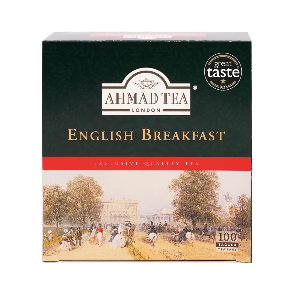 Ahmad Tea English Breakfast teabags in a 100-count box for daily brewing.
