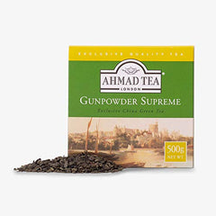 Ahmad Tea Gunpowder Green Tea rolled pearls close-up, rich flavor for traditional brew.
